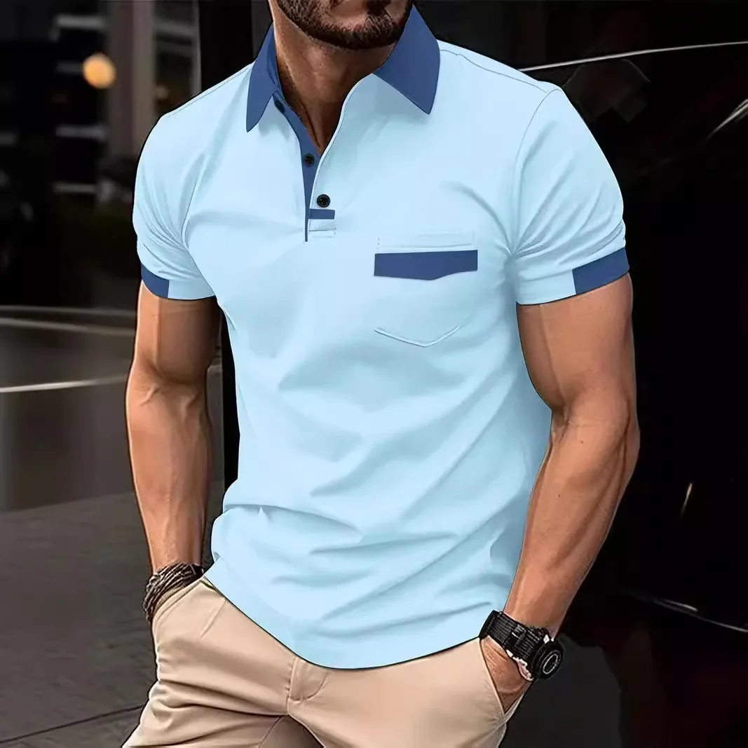 Polo de manga corta para hombre, camisa deportiva con bolsillo a juego de colores, informal de negocios, novedad de verano