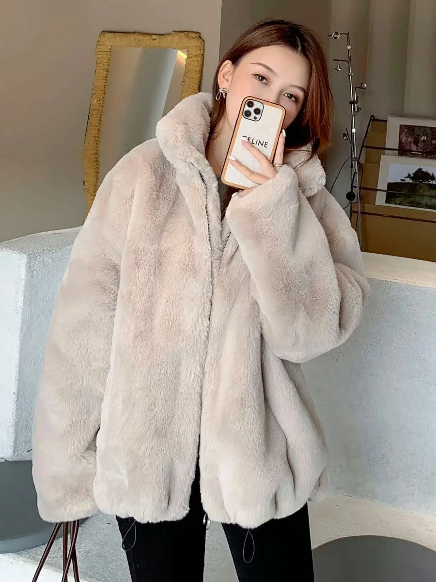 Kunstpelzmäntel für Damen, verdickt, doppelseitig, für Bühnenfrau, Harajuku, flauschige Weste, abnehmbare Kapuze, flauschig, süß, reine Länge