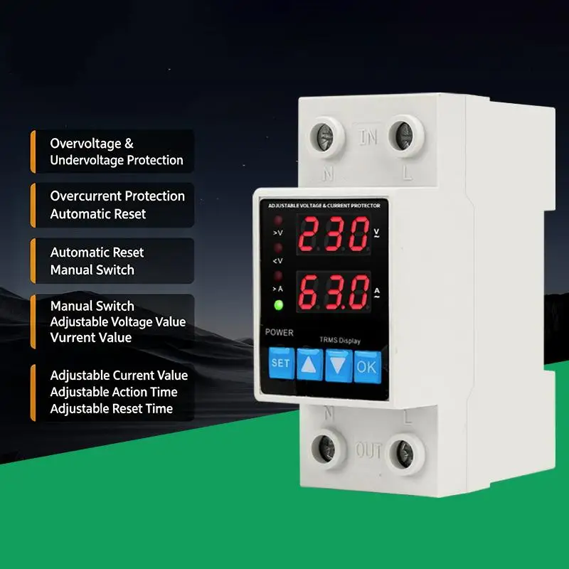 【CR】Adjustable Over Under Voltage Protector Rail Dual Display Current Protection Device for Electric Box Installation Use