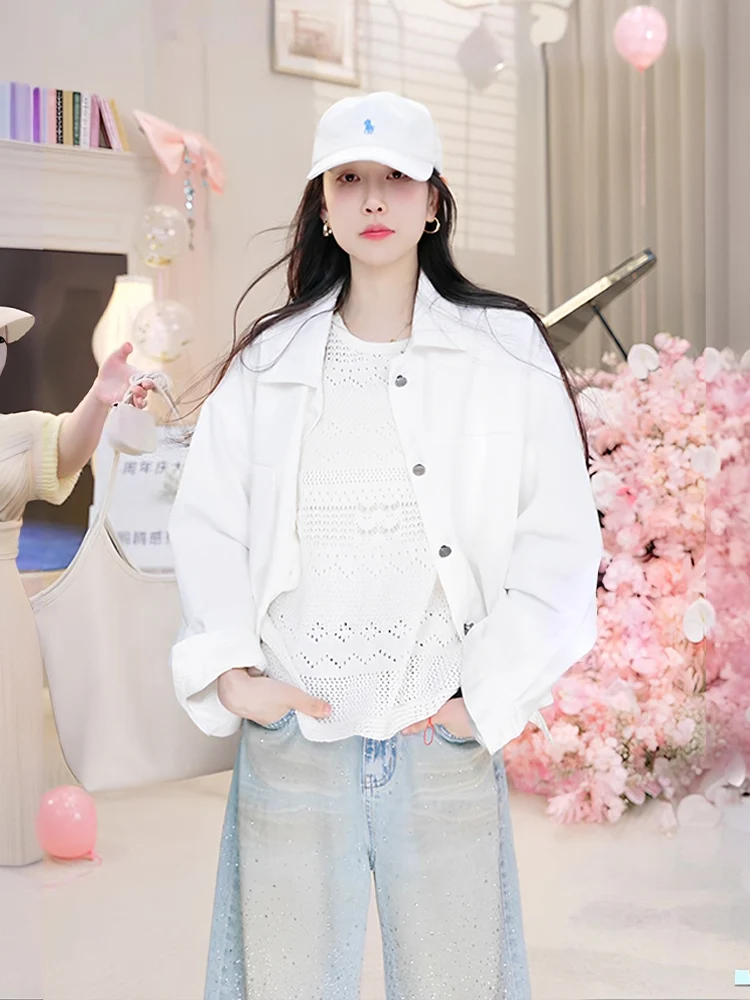 

OUDOEE Women's Casual Loose Fit White Denim Jaet Spring 2026 Cotton Long Sve irt Versatile Slimming Commute Sle