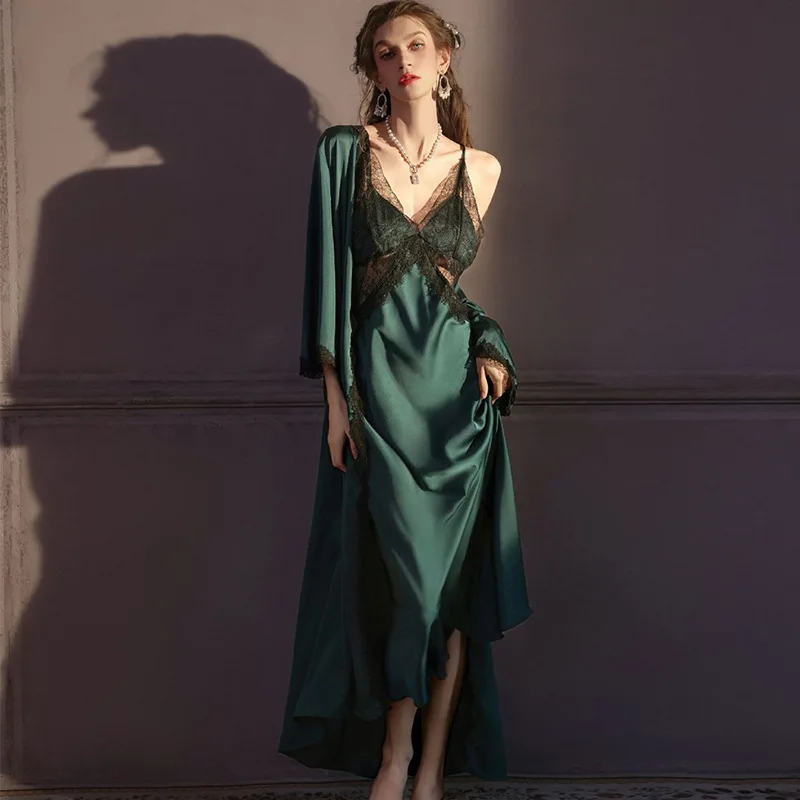 2pcs Women's Pajama Long Robe Nightgown Set Elegant Hollow Out Lace Backless Nightdress Sleepwear Silky Satin Lingerie Homewear