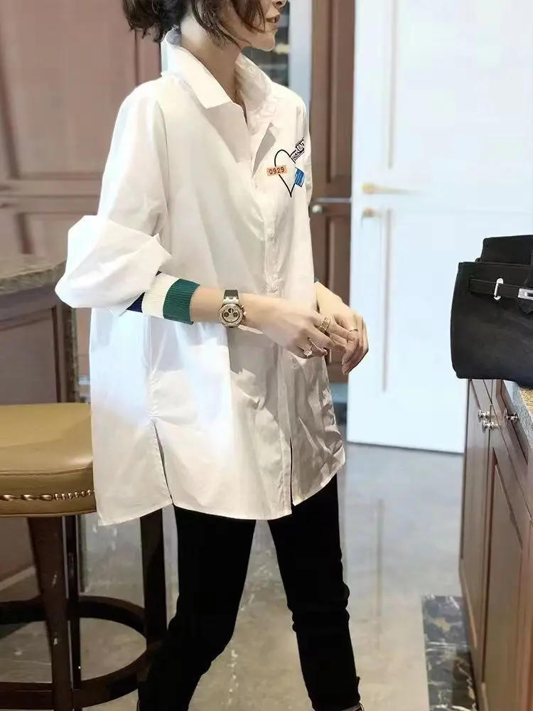 White Long-sleeved Shirt Women Loose Blouse Top Spring and Autumn New Shirt Women Turn-down Collar Long Sleeve All-match Tops