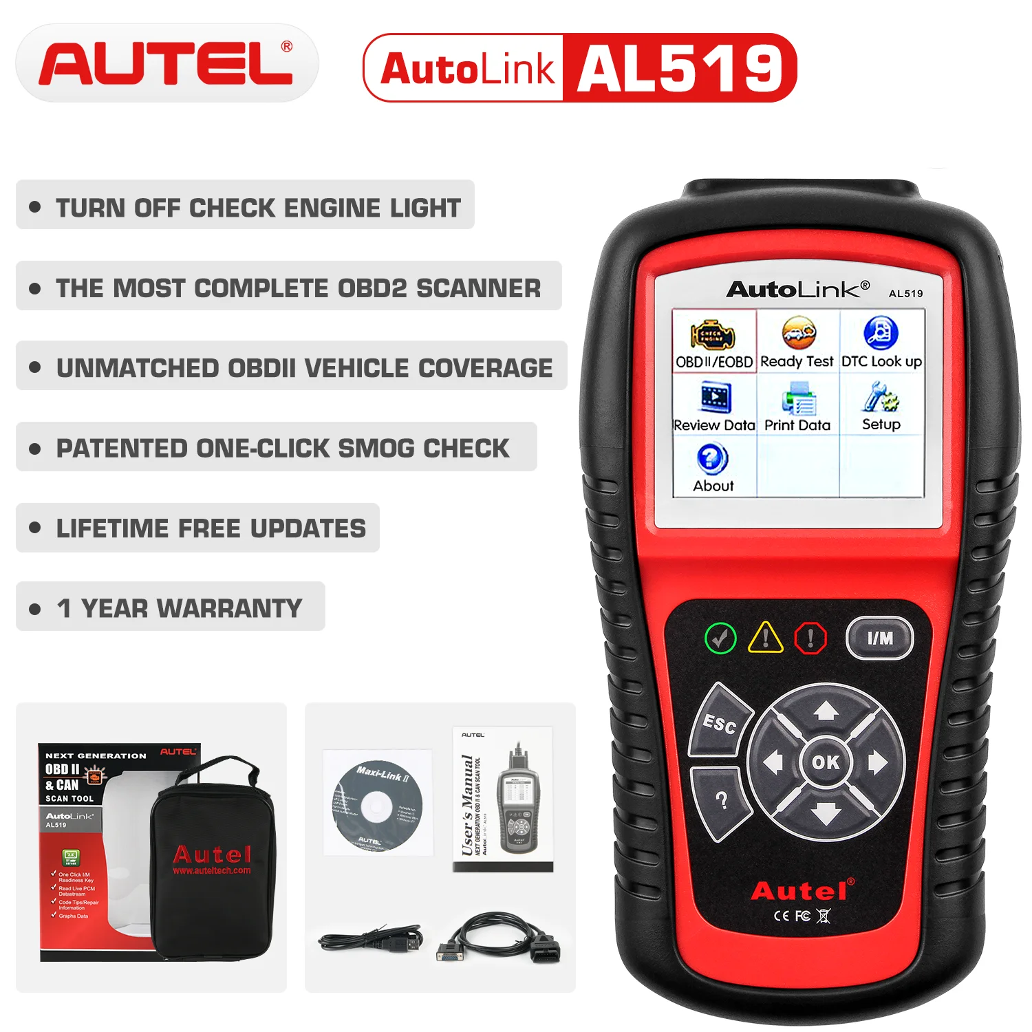 Autel AL619 AL519 OBD2 Scanner Car Diagnostic Tool Code Reader Automotriz ABS,SRS Automotive EOBD Diagnostic Scanner Scan Tool