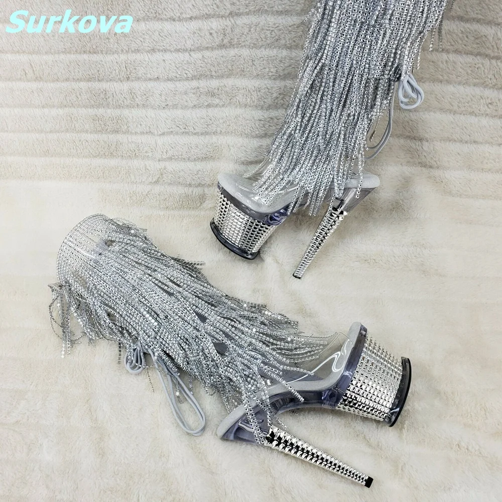 Hollow Round Toe Tassel BootsTransparent Low Silver High Platform Spike High Heels Ankle Boots Newest Fashion Sexy Women Shoes