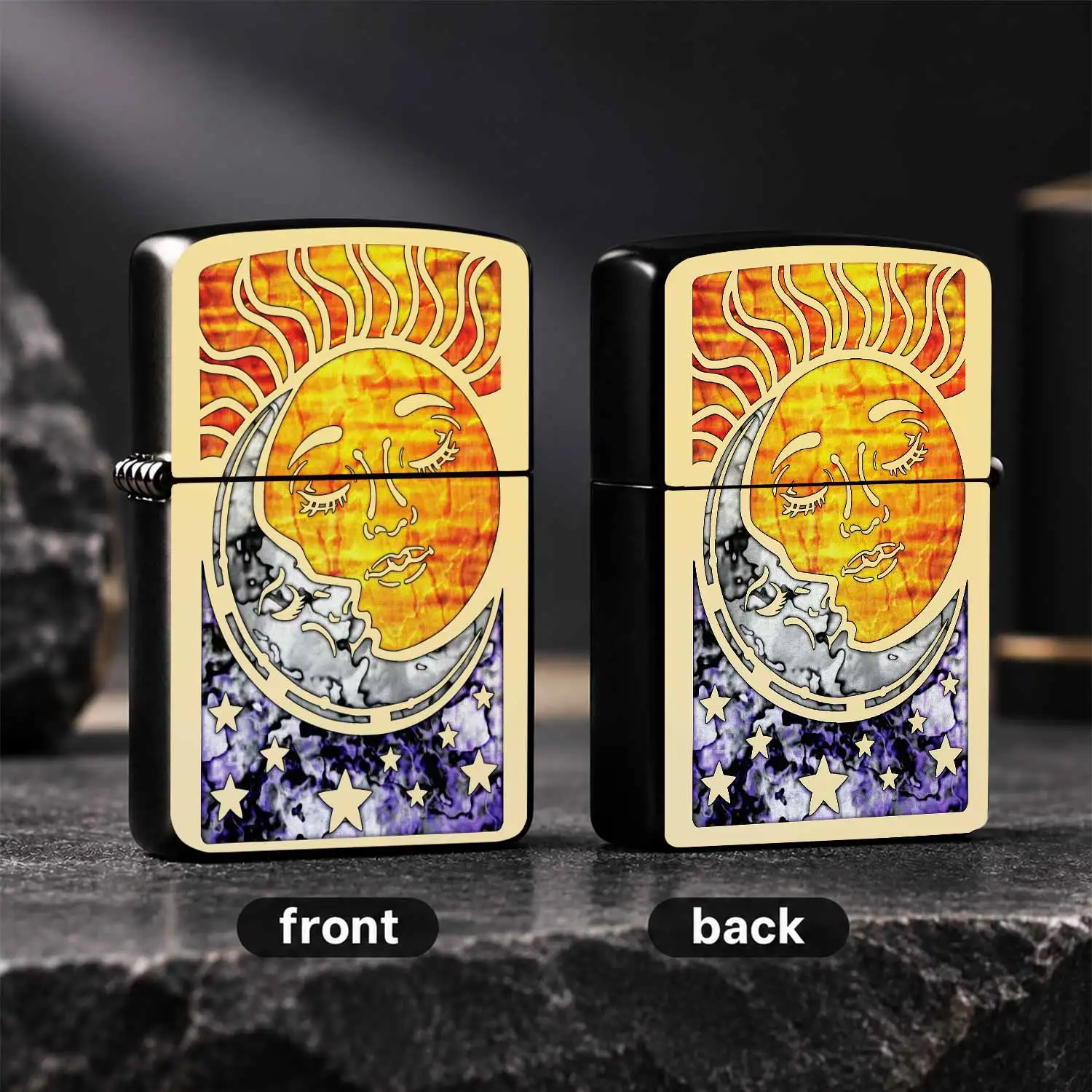 Artistic Sun Moon Celestial Lighter Retro Stained Glass Style Cozy Ambient Portable Accessory Unique Aesthetic Daily Use Decorative Exquisite Gift For All Scenarios Dreamy Starry Sky Themed Creative Practical Souvenir A Humorous And Interes