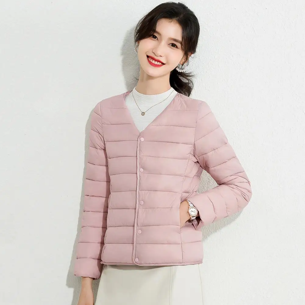 Winter Women Down Coat Solid Color Padded V Neck Buttons Closure Outerwear Windproof Heat Retention Inner Layer Cotton Jacket