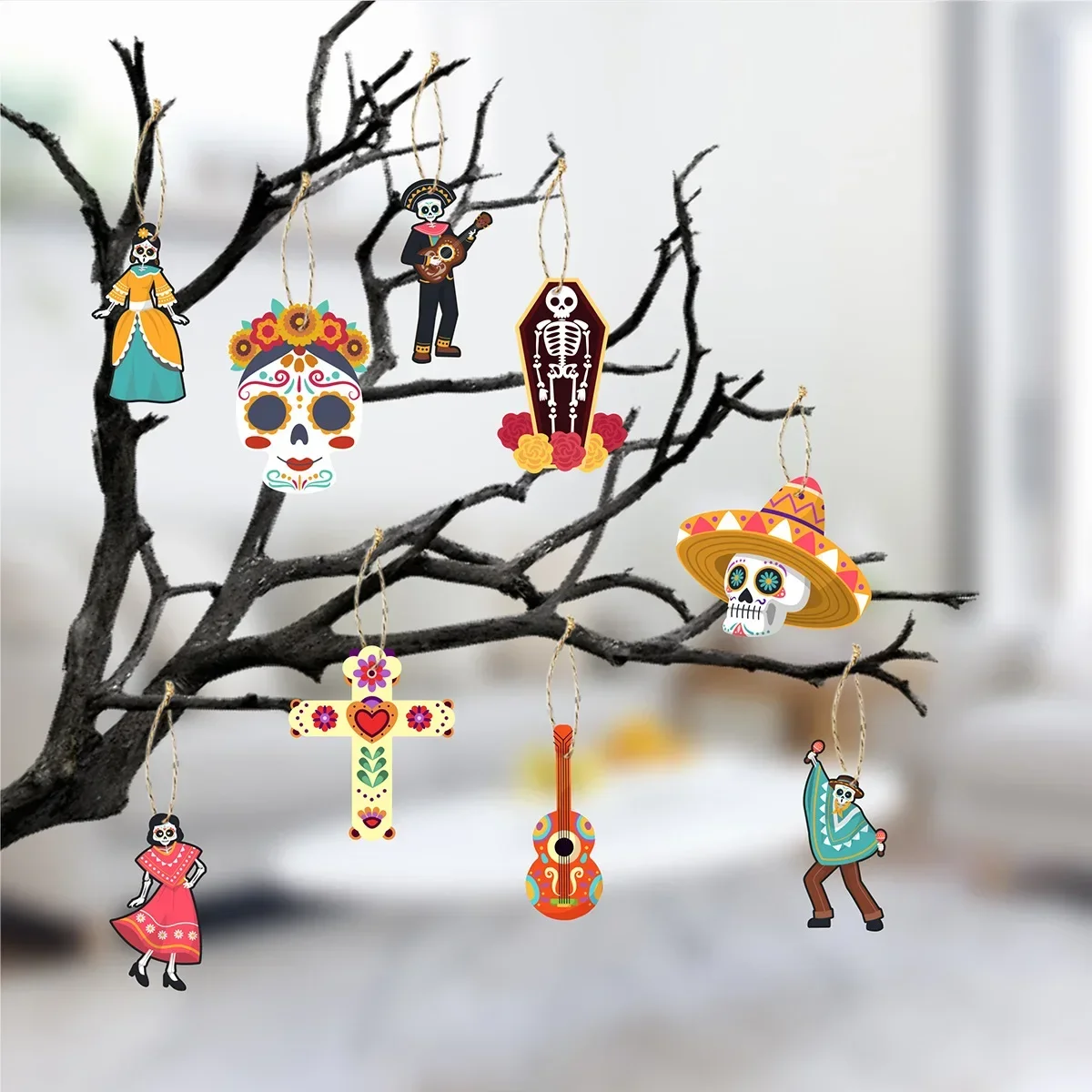 

9Pcs/Bag Cartoon Mexican Day of The Dead Theme Paper Tree Pendant Skull Guitar Hangers Background for Halloween Party Decoration