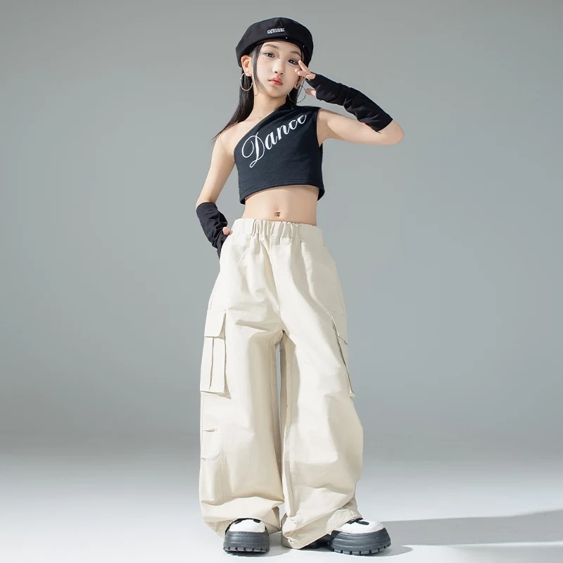 Hip hop jazz dança terno para menina cáqui shuffle calças kpop colheita topos modelo mostrar palco wear criança moda dança de rua outfit 3381