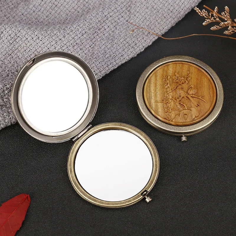 Wooden Carving Cosmetic Mirror Portable Makeup Mirror Compact Mirror Pocket Folding Brass Vintage Mini Hand Hold Girls Beauty