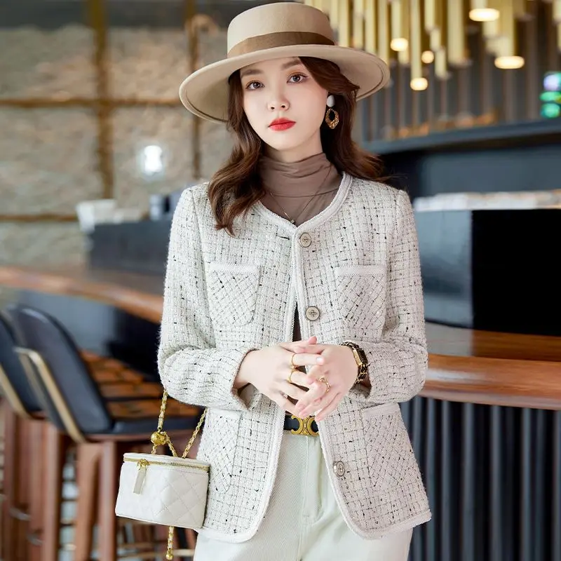 

UNXX Autumn Winter Women Jacket Round Neck Woolen Temperament Korean Chic Short Coat Chic Tweed Blazer Outerwear Blazer Women