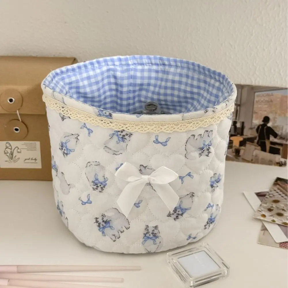 Multi-Purpose Storage Basket Bow Heart Storage Bag Lace Decor Quilting Cotton Multi-Purpose Basket Makeup Storage