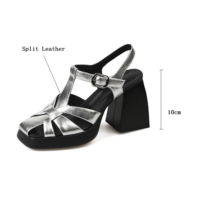 Summer Sandals Split Leather Women Shoes Square Toe High Heels Sandals for Women Handmade Fashion Roman Shoes Platform Sandals