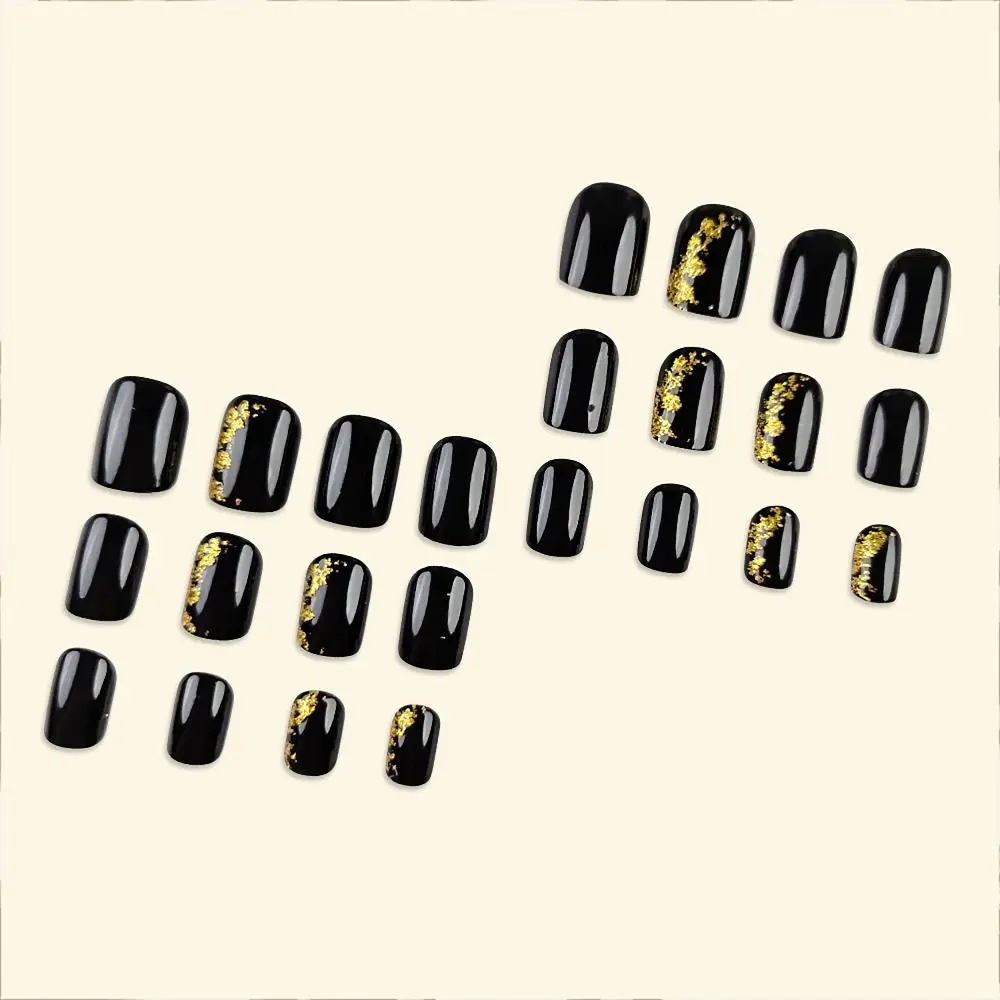 24PCS/BOX Line Rhinrhinos False Nail Gold Tinfoil Gradient Glitter Press on Nails with Jelly Stickers Full Cover Nail Tips