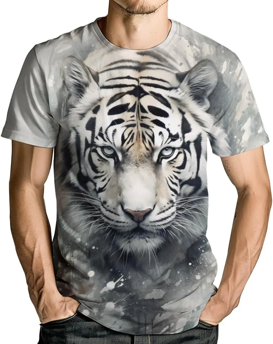 Men's Novelity Tiger Graphic T-Shirts White Tiger 3D Print Summer Short Sleeve Tee Shirt