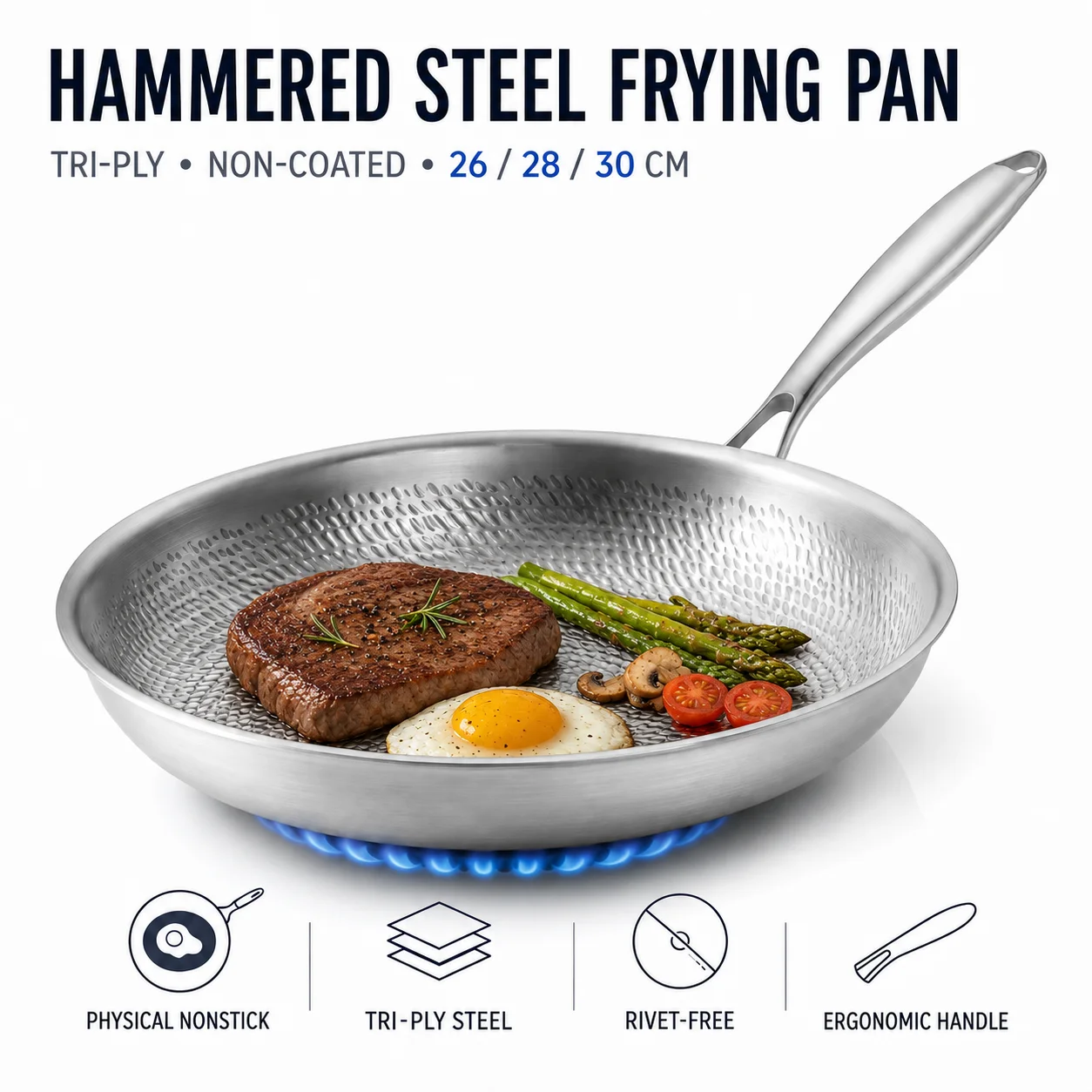 Hammered Stainless Steel Skillet Uncoated 3 Layer Cooking Pan Physical Non Stick Meat Frying Pan Kitchen Cookware