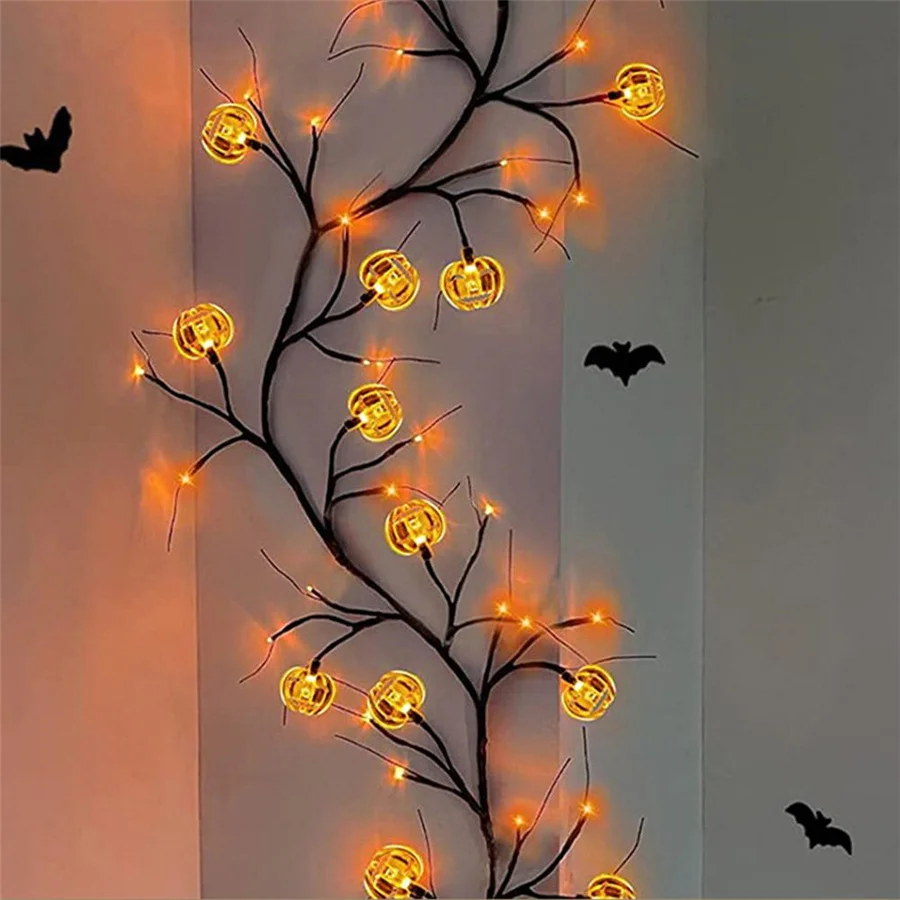 Battery Operated LED Willow Vine String Lights Creative Spider Pumpkin Bat Light Garlands for Bedroom Halloween Home Decoration