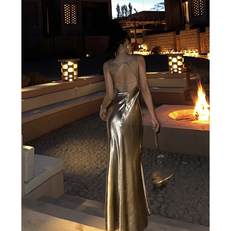 Charmoso champanhe o-pescoço sem mangas aberto nas costas vestidos de noite 2025 elegante sereia tornozelo comprimento fenda lateral zíper vestido de baile