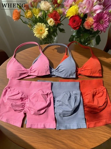 WHENG 2 uds traje de Yoga Fitness para mujer, sujetador de Yoga con cordones sin costuras, Top de cintura alta, pantalones cortos de entrenamiento para rascar, traje deportivo, traje de Fitness