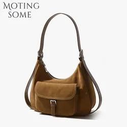 New Retro Women Saddle Bag Matte Cowhide Underarm Suede Pouch Large Capacity Lady Commuter Shoulder Messenger Bag Female 2024