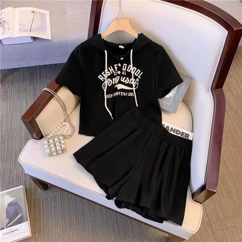 Summer Plus Size Short Sleeve Outfit Sets Hoodie Shorts Two Piece Set Casual Sporty Women Slim 2pcs Girl Streetwear 2025 New