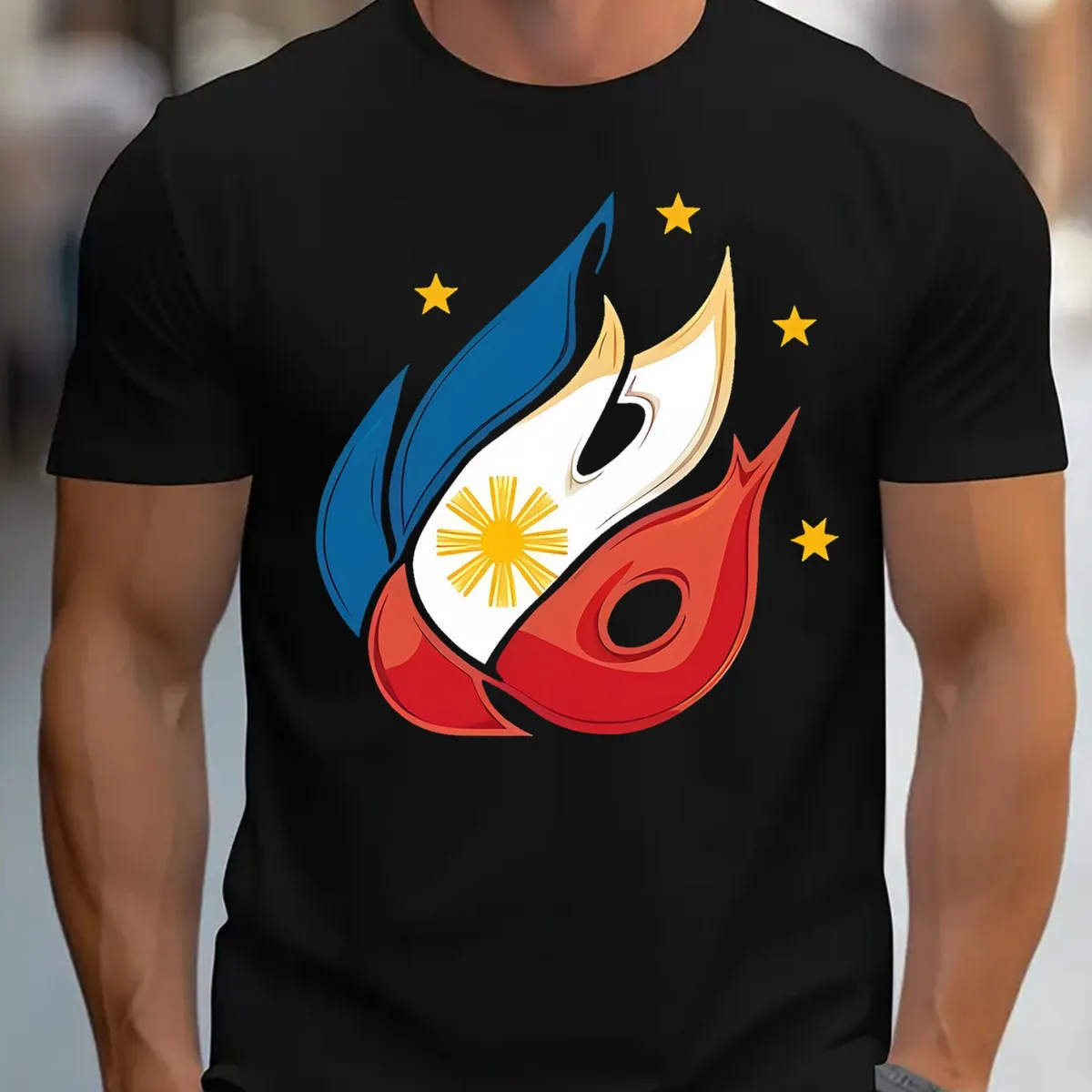 Black T-shirt with Philippine Flag Elet Print, Center Capital Letter 'P' and Tricolor Flame, Showcasing Patriotism, Suitable for