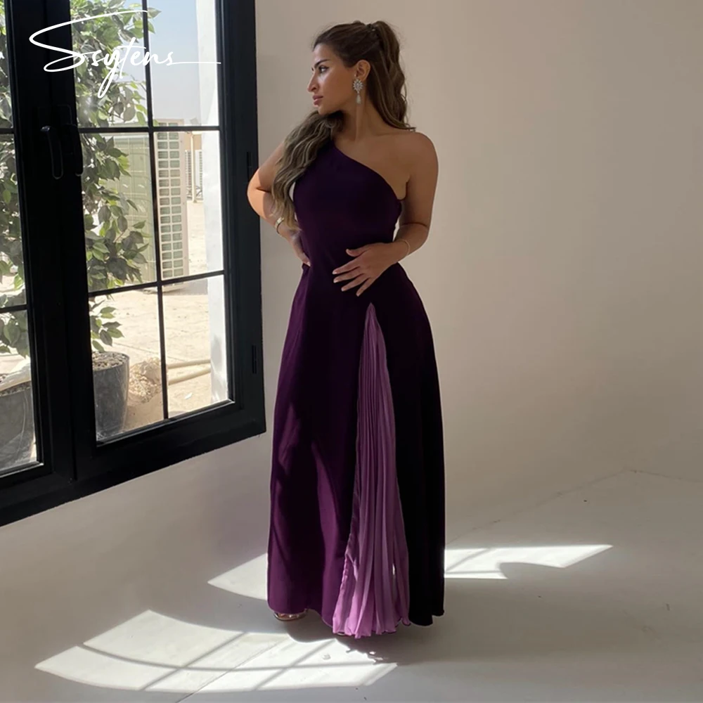 

Purple Lavender A Line Evening Dresses One Shoulder Pleated Prom Dress Sleevless Dubai Chiffon Celebrity Party Gown Arabic Dress