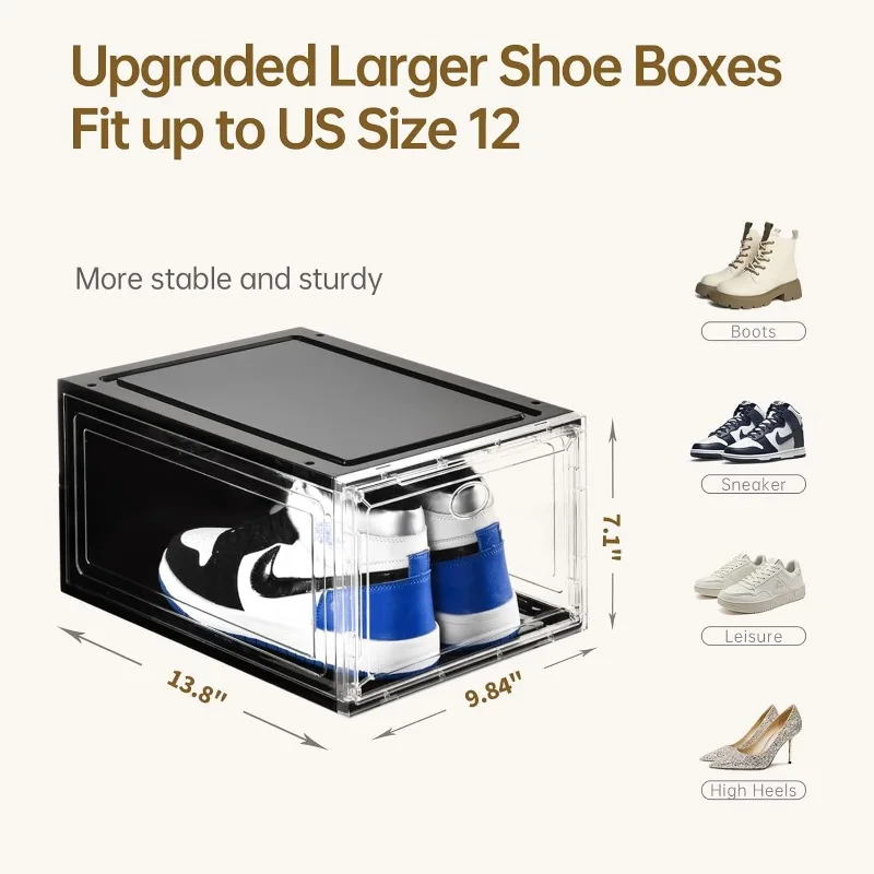 10 Pack Shoe Boxes Stackable,Upgraded Sturdy Storage Box with Clear Magnetic Door,Multifunctional Sneaker Organizer Fit up