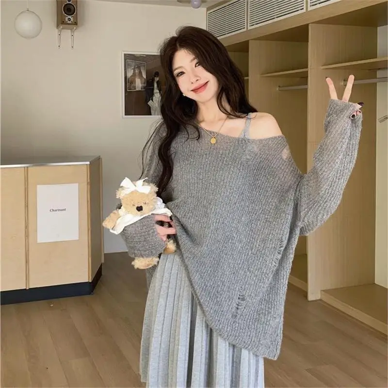 여성용 부드럽고 아늑한 니트 스웨터 봄 여름 어깨 노출 시크 커버업 홀 펀칭 자외선 차단 탑