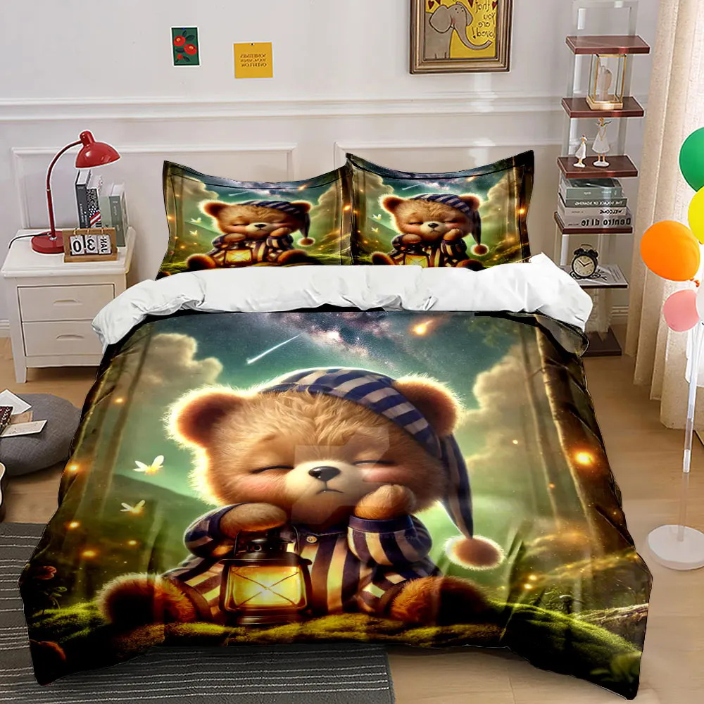Teddy in Pajamas Holding Lantern Print Bedding Set 1 Duvet Cover 2 Pillowcases for Adult and Children Luxury Gift Full Size