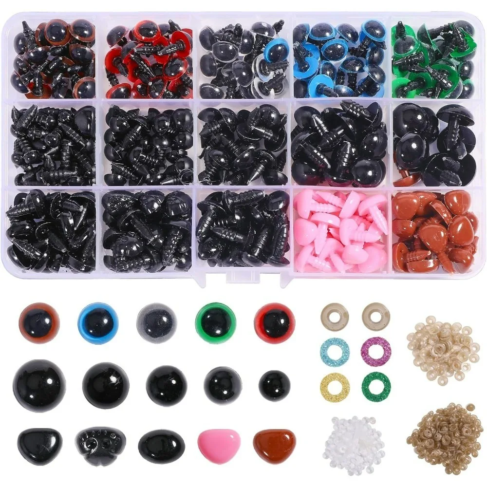 

600Pcs 15 Styles DIY Making Kits Plastic Safety Craft Eyes Nose Spacer Craft Eyes Triangle Nose Amigurumi Eyes for Crochet