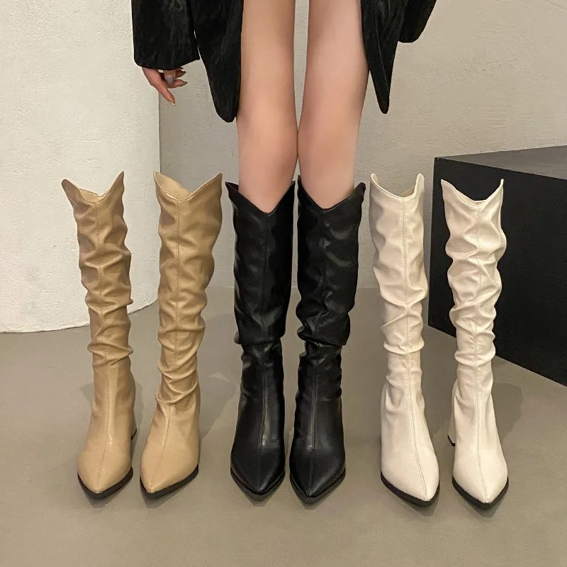 Soft Pu Leather Knee-High Boots Women 2024 Spring Autumn Thick Heels Long Boots Pleated Woman Black Back Zipper Knight Botas