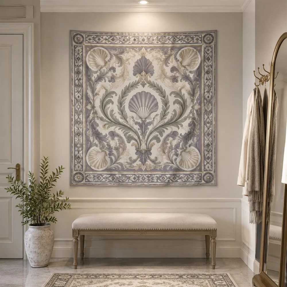 VIKAMA Baroque Scroll Ornament Mirror Symmetric Tapestry Wall Hanging, Neoclassical Wall Art Tapestries for Living Room Bedroom