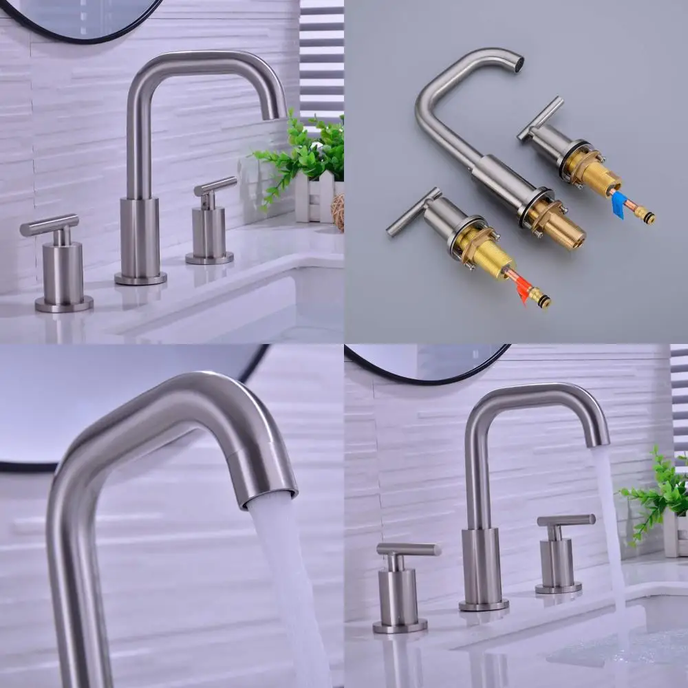 

3-Hole Brushed Nickel Widespread Brass Bathroom Faucet, 8-16 Spout, Overflow Drain, cUPC Lines, Swivel Spout