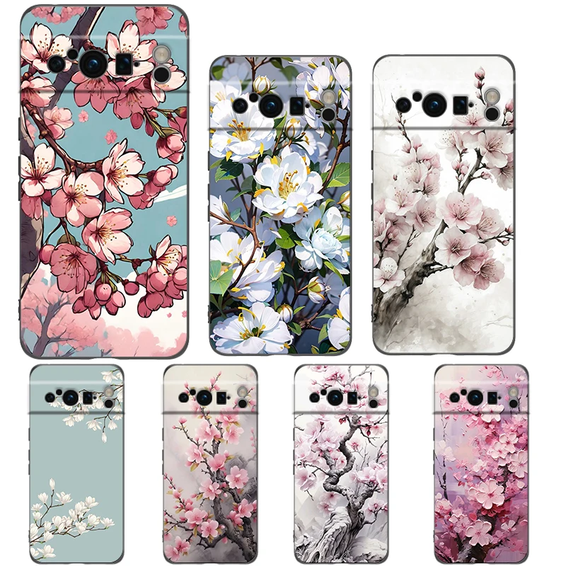 Cherry Blossom Tree Phone Case For Google Pixel 8 7 6 Pro 8A 6A 7A 5G Soft Silicone Shockproof TPU Black Cover Fundas