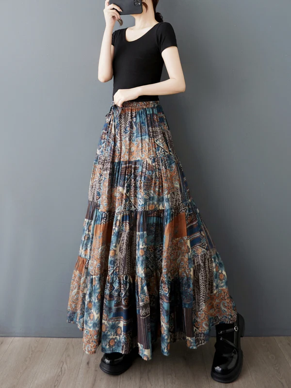 Ele مجردة طباعة الحرير f تنورة ألف خط ماكسي الصيف خمر حجم كبير المرأة Faion التخسيس عالية الخصر تنورة طويلة #3