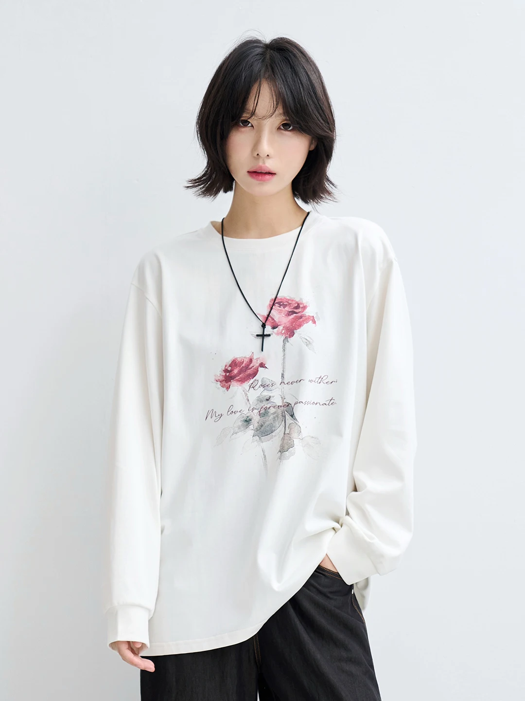 

Autumn New Women's Long Sve T-irt Pure Cotton Loose Fit round Ne Rose Print Casual Sle Comfortable Breathable Top