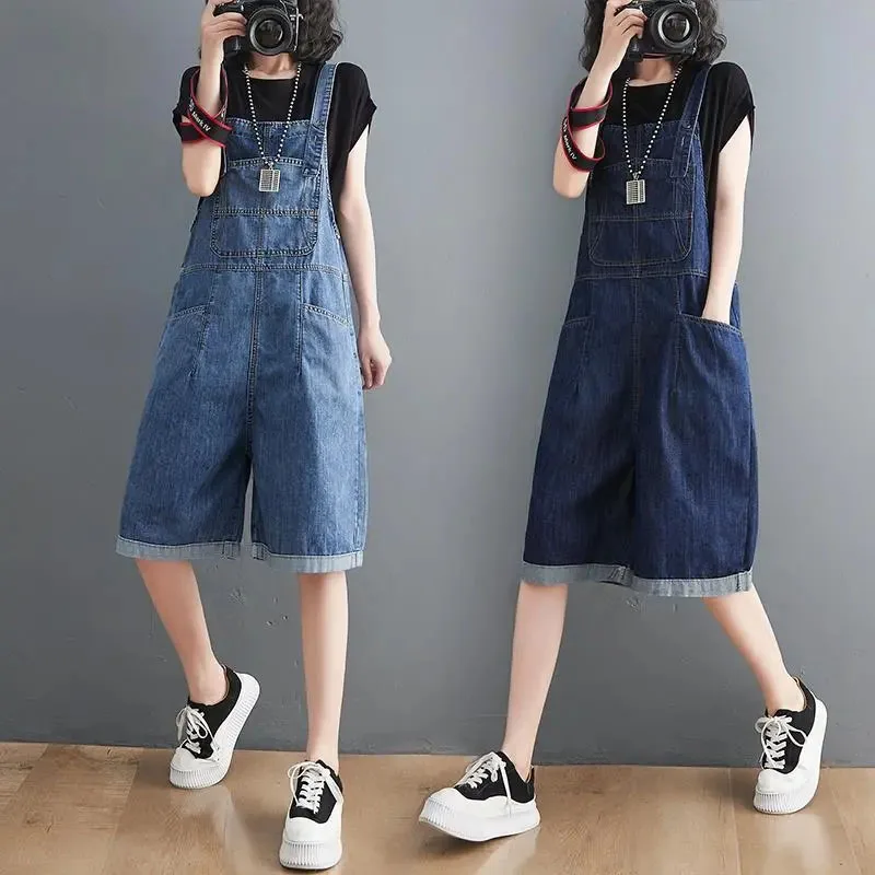 Summer Denim Straps Shorts Jeans Overalls Women Korean Wide Leg Jumpsuits Female Suspender Rompers Casual Conjoined Fifth Pants