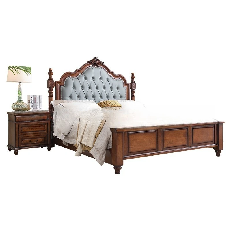 

Solid wood bed leather by 1.8 meters double bed bedroom Roman column box walnut princess bed old craftsmanship high box