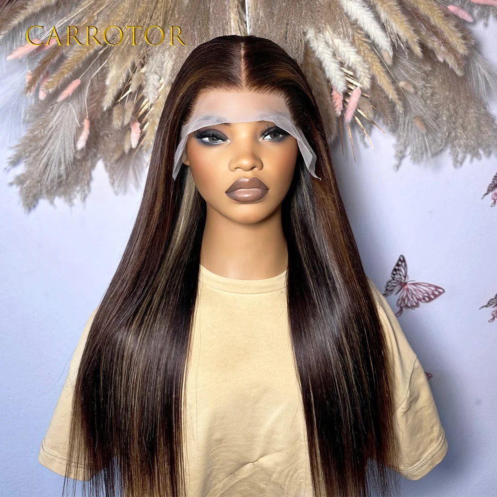 Highlight 1b/4/27 Colored Glueless Wig Human Hair Bone Straight Ombre Color 13x4 Transparent Lace Frontal Wigs For Woman