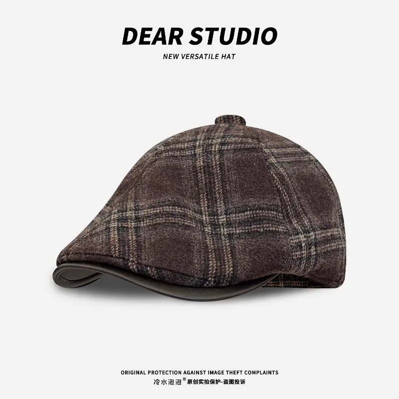 Japanese Retro Plaid Forward Hat for Men and Women in Autumn and Winter British Versatile Woolen Splicing Flat-top Beret Caps