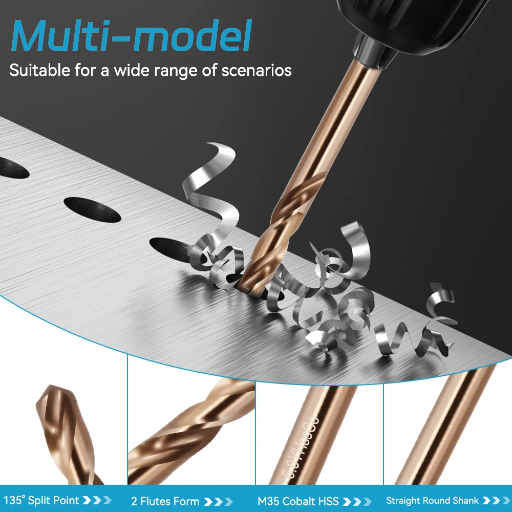 Podofo 51-teiliges M35 Kobalt-Bohrerset 5% HSS-Co Spiralbohrer 135 °   Split-Point-Selbstzentrierbohrer mit hoher Härte (67HRC) für Edelstahl, Hartmetall und Holz, mit Aufbewahrungskoffer.