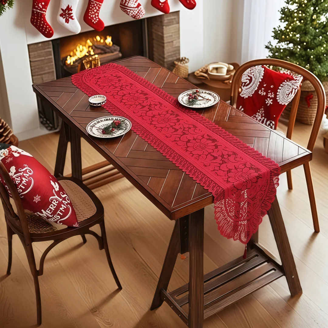 Drapeau de table en dentelle tricotée avec franges, rouge, blanc, beige, à pompons, pour la décoration de la maison, décoration de table pour fête de mariage, 1 pièce
