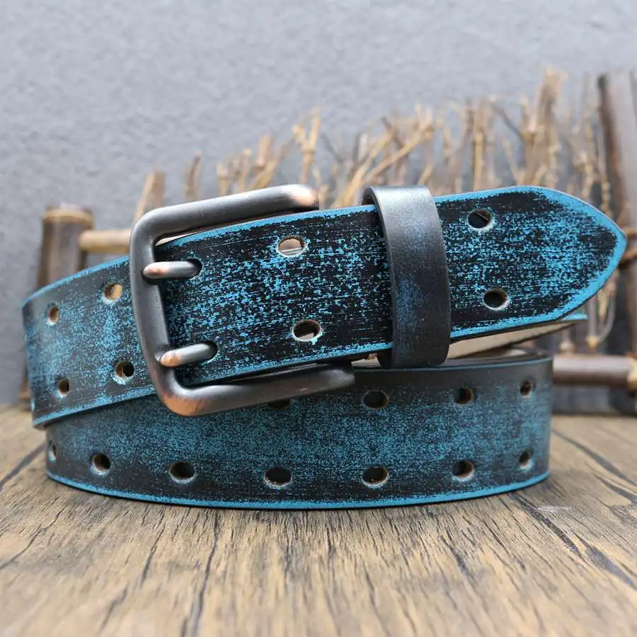 Double-buttoned Personalized Retro Distressed Colored Leather Belt European Genuine Leather Belt Men's Waistband