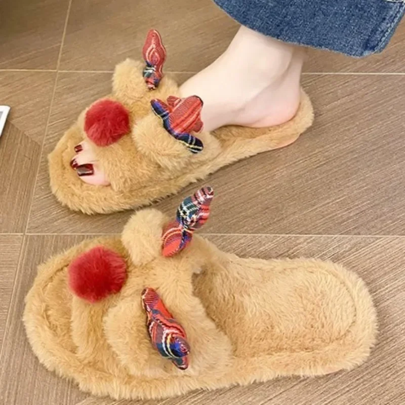 Women Slippers Cute Christmas Reindeer Cotton Winter Home Slippers Women Plush Insulation Cartoon Indoor Household Slides Women