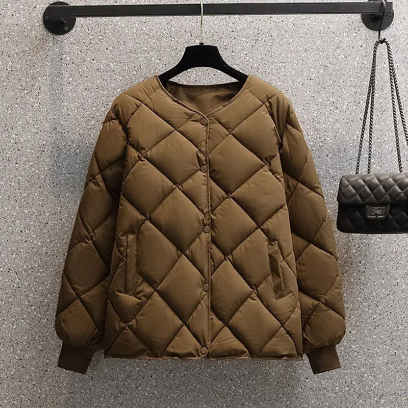 2023 Short Cotton-padded Jacket Female Down Cotton Coat Autumn Winter Women Light Thin Quilted Lattice Parkas Casual Tops Coats