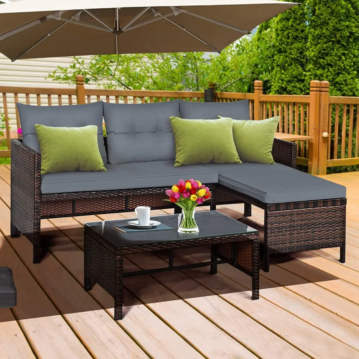 3-Piece Outdoor Rattan Sectional Sofa, Patio Wicker Conversation Set with Steel Frame & Cushion for Garden Pool Backyard, Custom