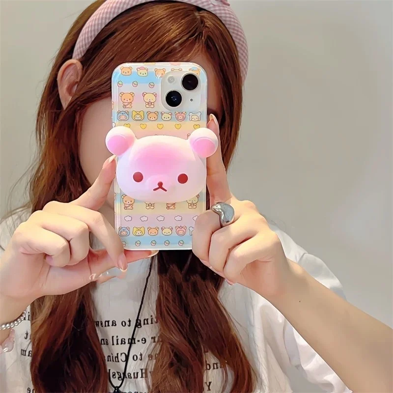 Korean Anime Cartoon Cute Bicycle Bear Cloud Star Stand Phone Case For iPhone 13 12 11 14 15 16Pro Max Gradient Pink Bear Holder