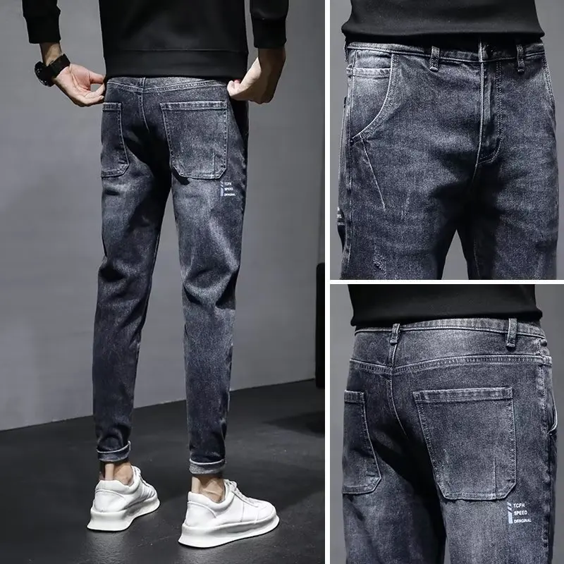 Men's Ankle-Tied Jeans Autumn Youth Slim Fit Trendy Slimming Rolled Feet2023Autumn Ninth Denim Pants