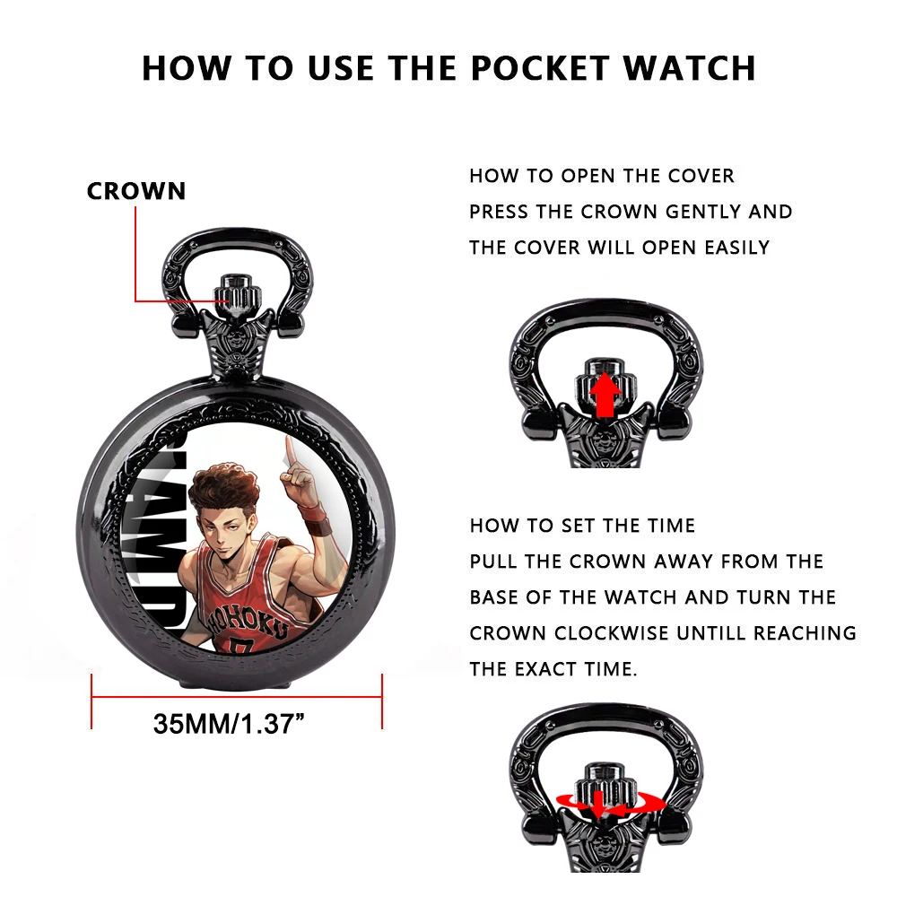 Orologio da tasca al quarzo nero con cupola in vetro Anime Slam Dunk con quadrante con numeri arabi e catena resistente, regalo retrò per uomini e donne