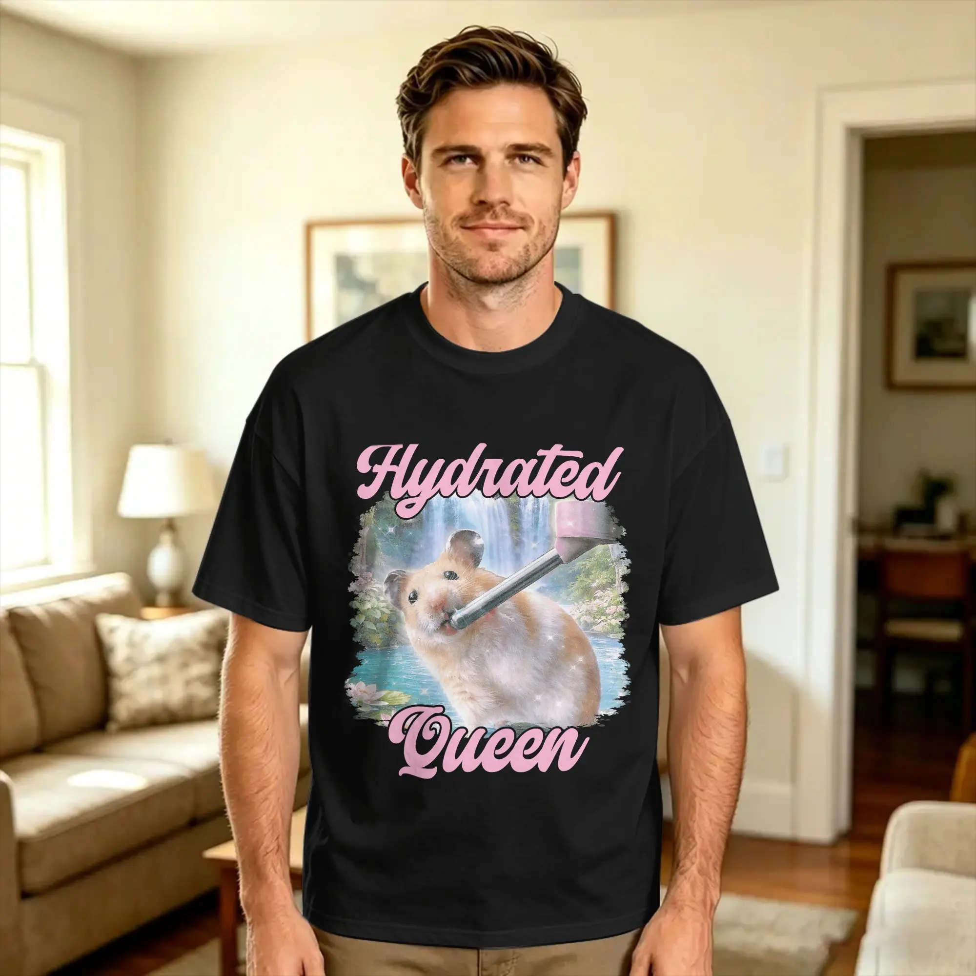 Hydrated Queen Cute Hamster Shining Lake Funny Meme T Shirt Summer  100% Cotton T Shirts For Men's Custom Tshirt Short-Sleeve
